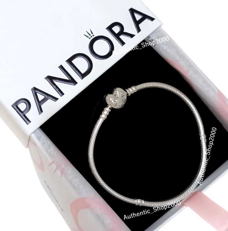 New 100% PANDORA 925 Silver Snake Chain Charm Bracelet W/ Heart Clasp 594594C00 Charms