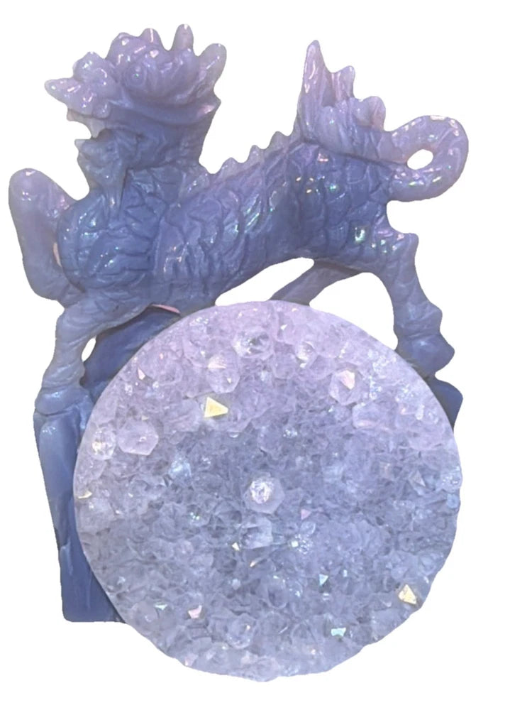Purple Fantasy Dragon Figurine with Crystal Geode Sphere Display Model