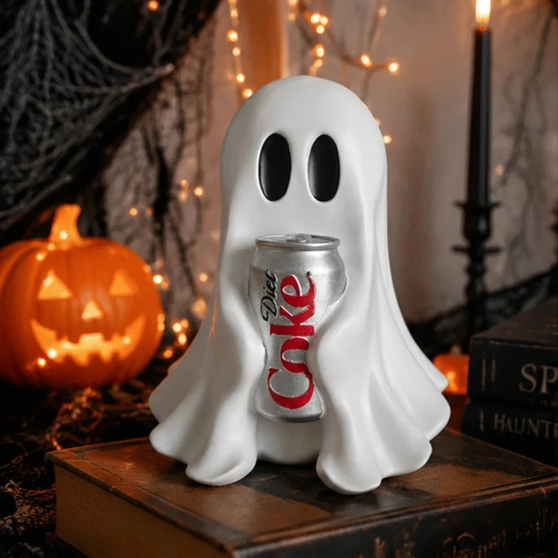 Funny Ghost Figurine Holding Soda Can Resin Statue Halloween Desk Tabletop Decor Model