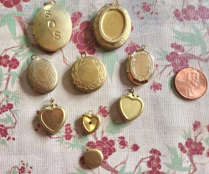 Lot of 9 Vintage to Modern Brass Lockets Charms