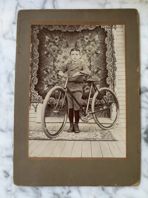 Old Cabinet Card Style Photo On Board Young Boy With Bicycle Model