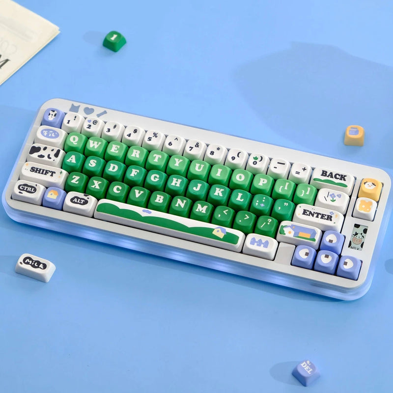 Kawaii Cute Cow Pasture Keycaps MOA Profile Dye Subs PBT Keycap Set Model