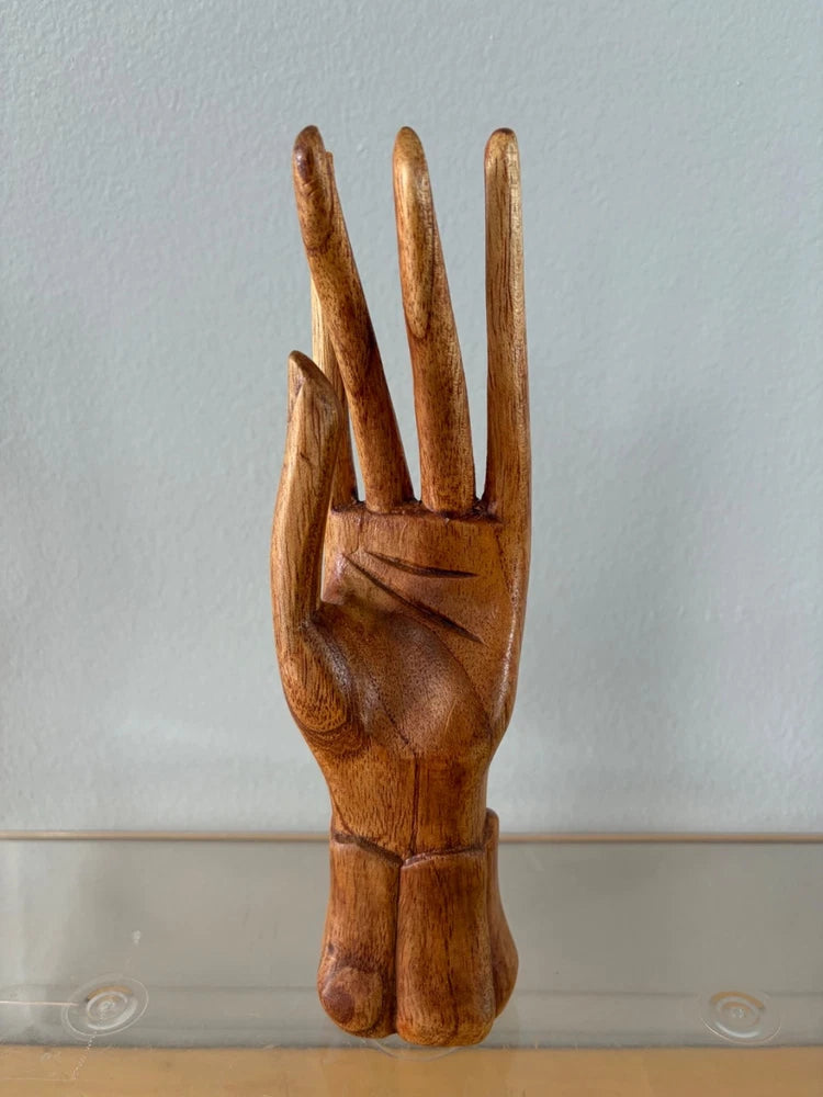 Wooden Carved Hand Wood Sculpture Statue Display Jewelry Ring Holder Model