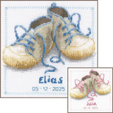 Vervaco counted cross stitch kit "Shoes with pink/blue laces", 19x19cm, DIY Model