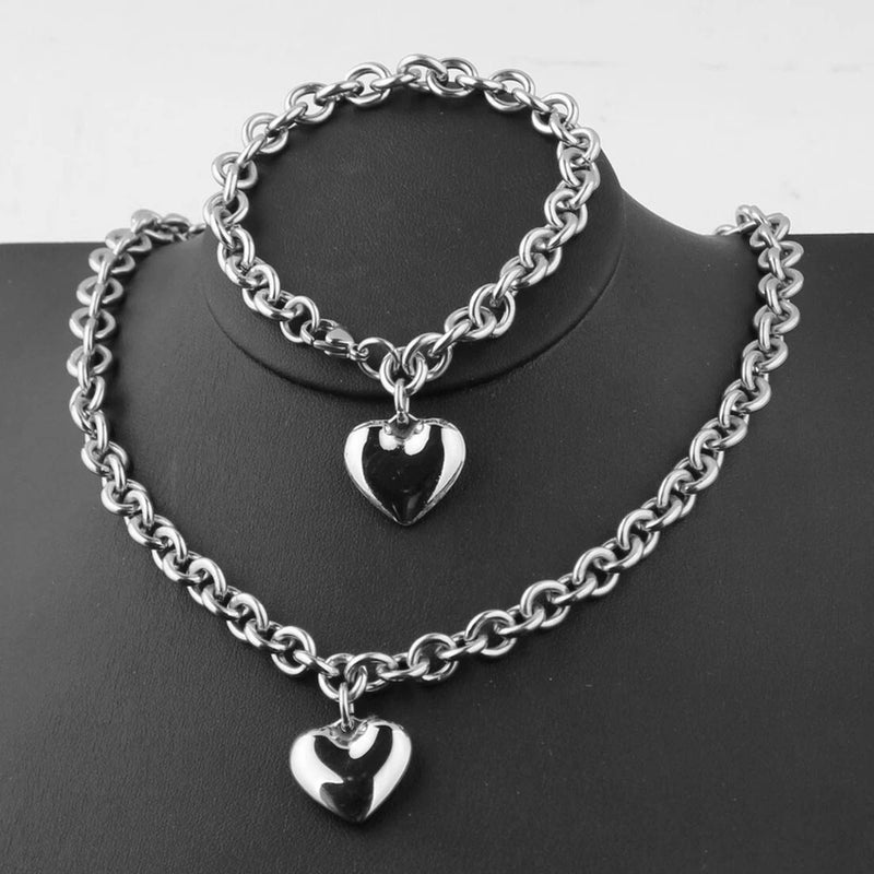 Women Stainless Steel Chain Necklace and Bracelet Jewelry Set With Heart Charm Charms
