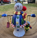 Folk Art Snowman Figurine Ornament Display Tree Holder Crackle Finish VTG Model
