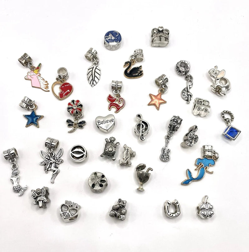 Lot Of 31 Silver Tone Charms Fits European Style Charm Bracelets Mixed Metals Charms