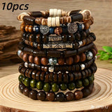 10pcs Boho Ethnic Beaded Bracelets Men Vintage Tree Charm Wood Gift Jewelry Charms