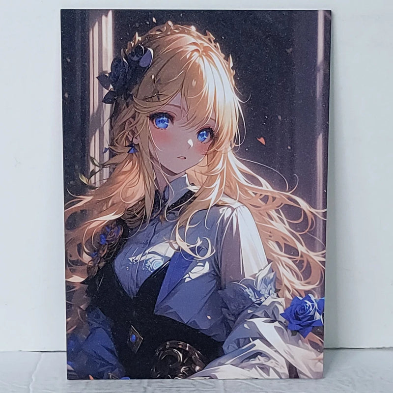 Blonde Blue Eyes Roses Double Waifu Card Anime Girl Wall Art Oversized Board A5 Model