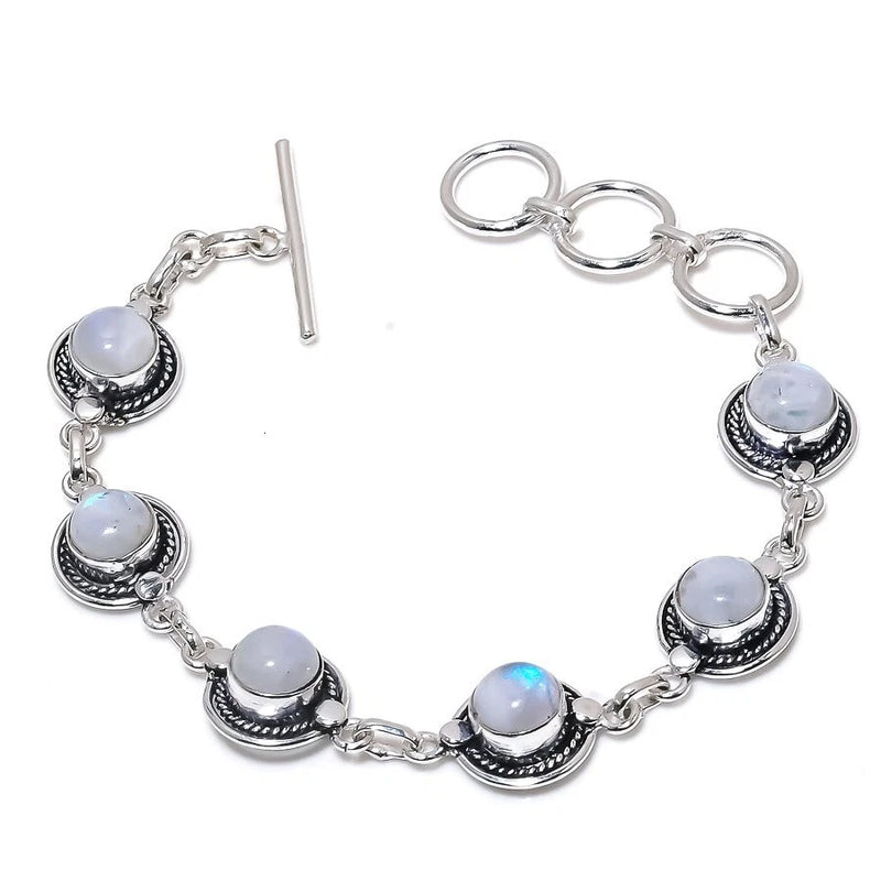 Rainbow Moonstone Gemstone Handmade 925 Sterling Silver Jewelry Bracelet Sz 7-8" Charms