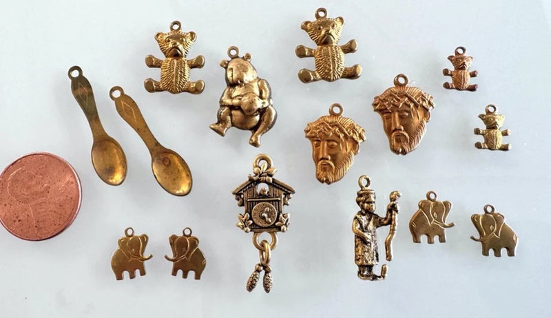 Vintage All Brass Charms Lot Bears Elephants, Clock Spoons Heads 15 Charms