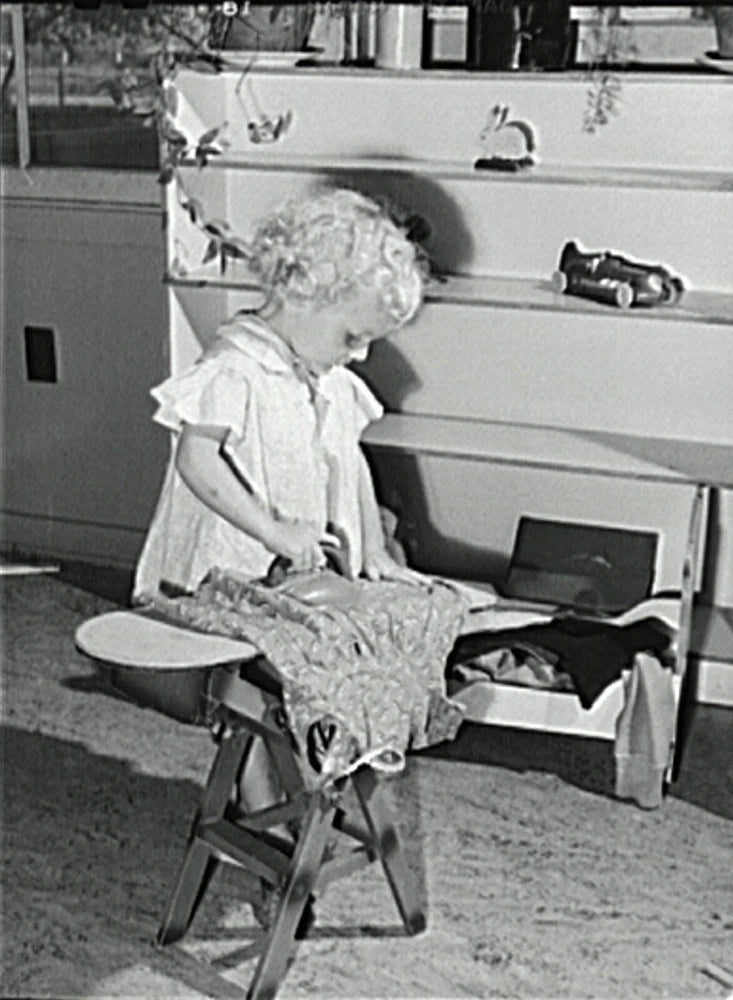 Black and White Photo Girl with Toy Ironing Board and Iron  7x10 Reprint  A-16 Model