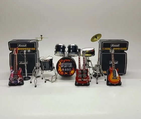 Miniature Drum Kit Black Rock Band Fire 3Guitars Mic Amplifier Display 1/12 Gift Model