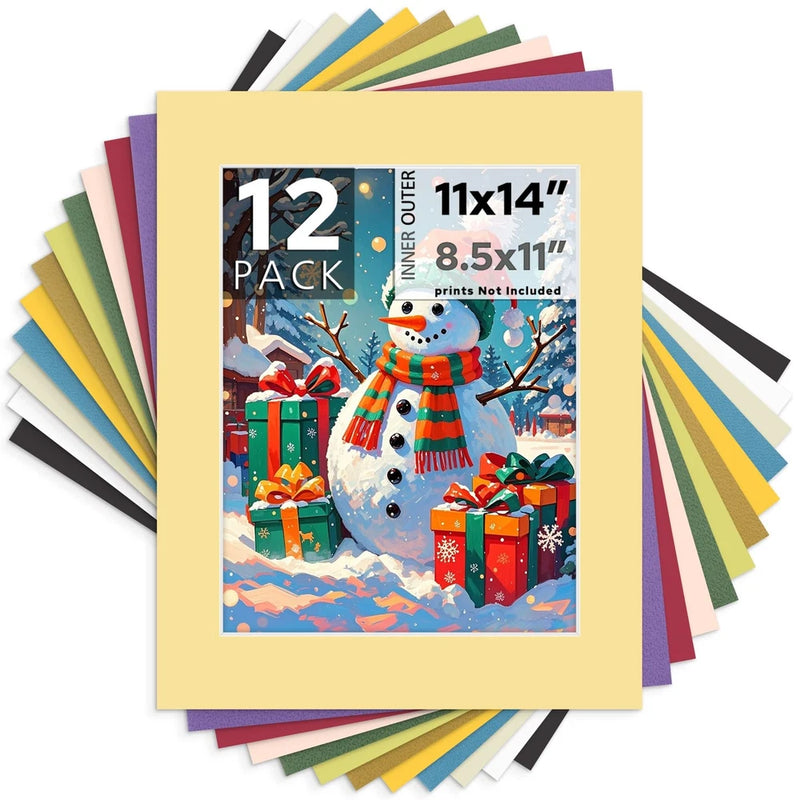 12 Pack 11x14 Mixed Colors Picture Mat Boards Fits 8.5x11 4-Ply Acid-Free Bevel Model