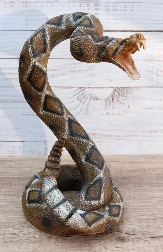 Realistic Attacking Coiled Diamondback Rattlesnake With Fangs Bared Figurine Model