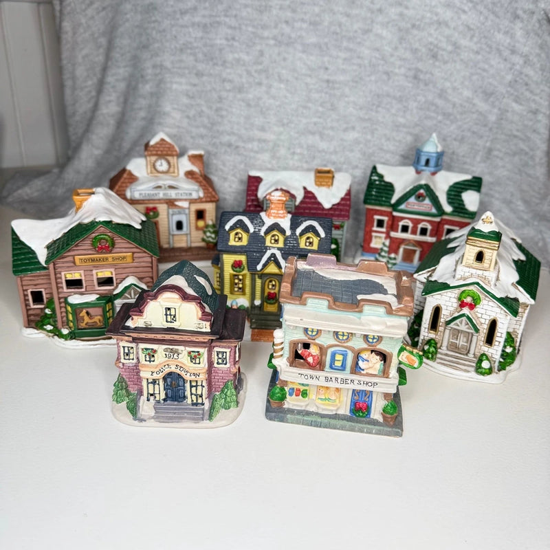 Vintage Christmas Village Set 8 Porcelain Buildings Lighted Holiday Decor Cords Model