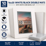 10 Pack 16x20 White/black Double Picture Mat Boards White Core Bevel Cut Framing Model