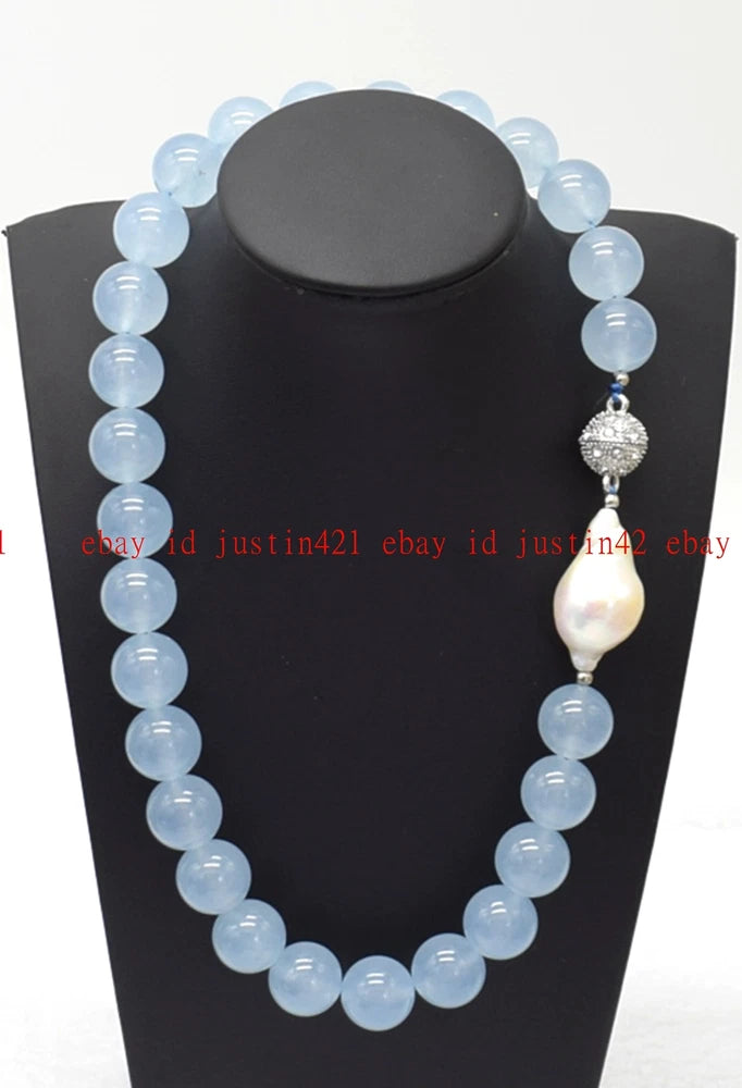 Real Natural Light Blue Jade Round Gemstone White Keshi Baroque Pearl Necklace Charms
