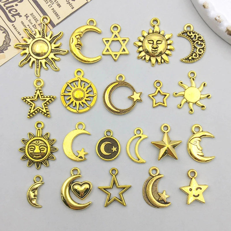 BULK 100Pcs Sun Moon Star Charms DIY Jewelry Making Pendants Antique Gold Charms