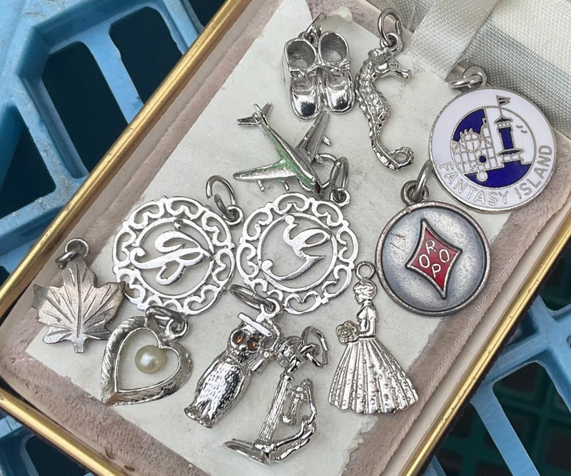 Vintage Sterling And Plated Charms NOVELTY INITIALS Large Lot LOADED LOOK Charms