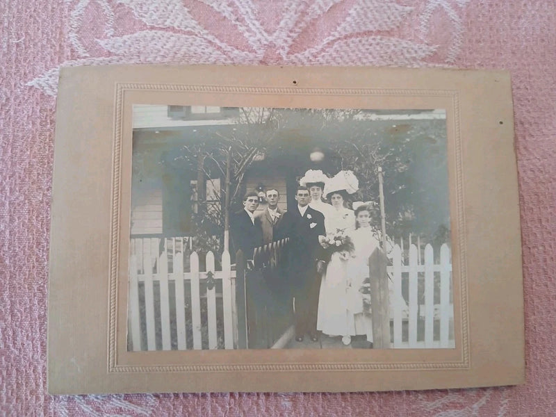 Antique Bride & Groom Outdoor Home W/Picket Fence Family Wedding Photo On Board Model