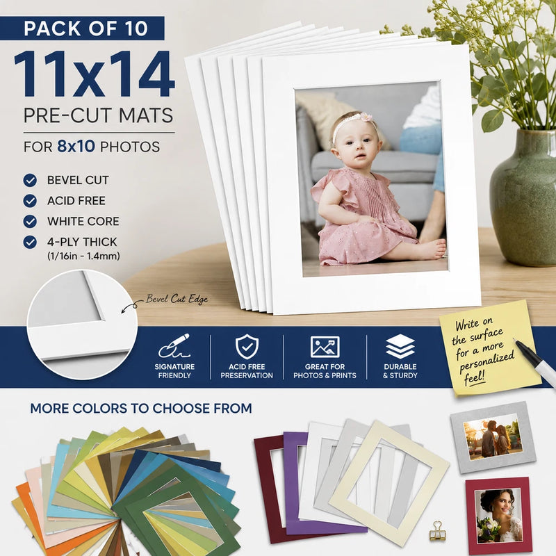 Pack of 10, 11x14 Picture Mats White Core Acid-free for 8x10 Photos Model