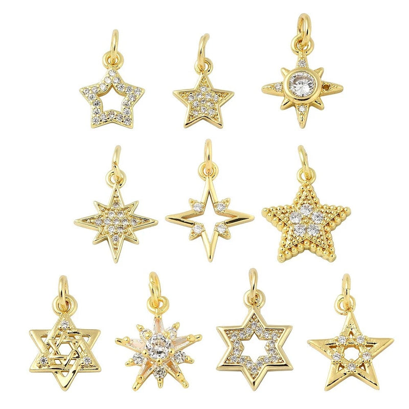 10Pcs Mixed Shape Star Brass Micro Pave Clear Cubic Zirconia Charms for  Jewelry Charms