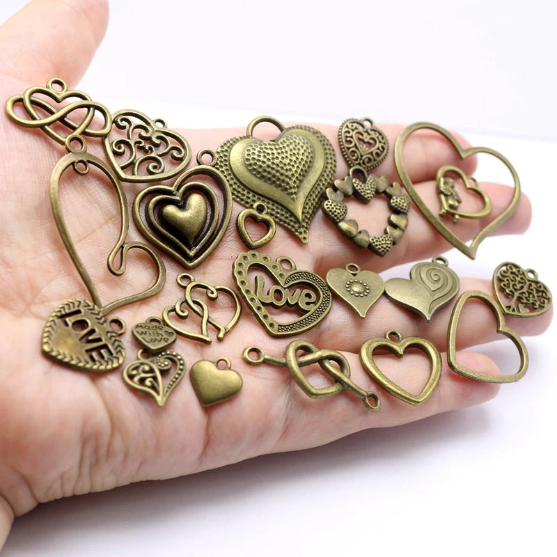 22pcs Bronze Heart Charms - Assorted Alloy Pendants for DIY Jewelry Making Charms