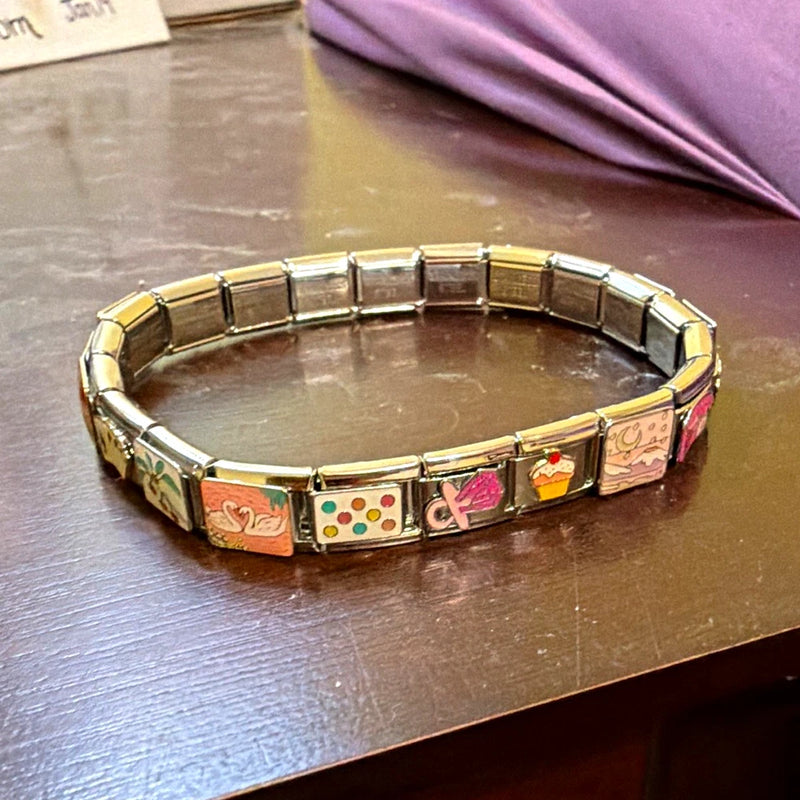 Italian Modular Enamel Charm Bracelet, Stainless Steel Stretch, Food Charms