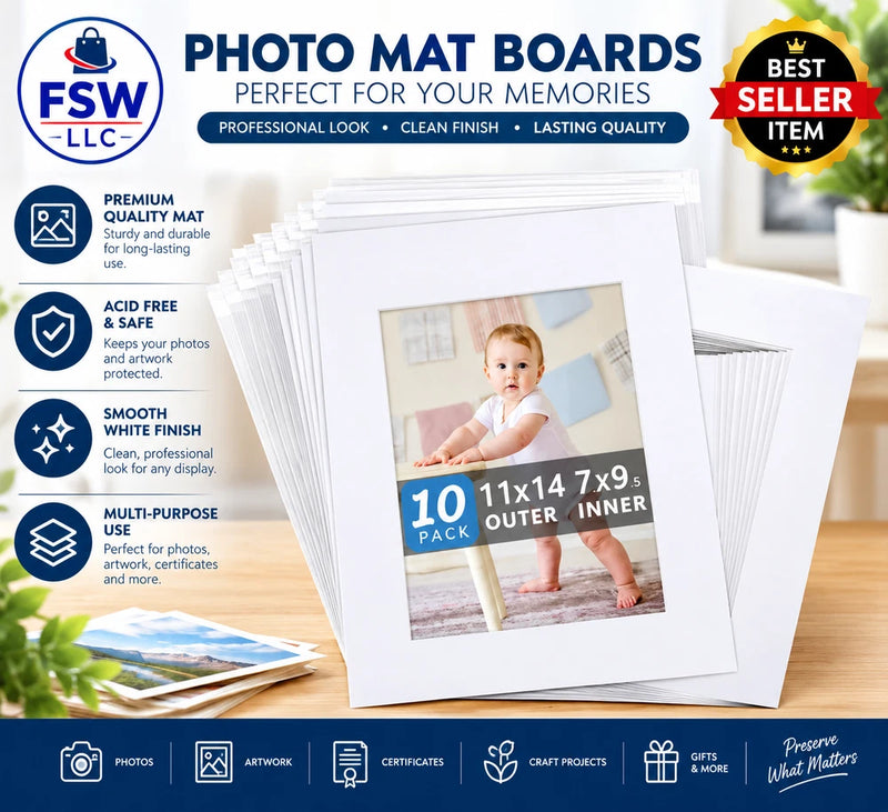 10 Pack White Photo Mat Set 11x14 for 8x10 Photos | Acid Mat Board Kit for Model