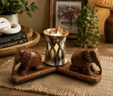Wood Elephant Figurine Stand with 3 Carved Elephant Figurines Model