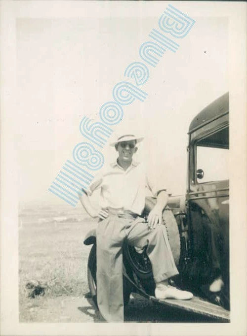 Man 1930's Posing on Vintage car running board  3.25 x 2.25 inch Model