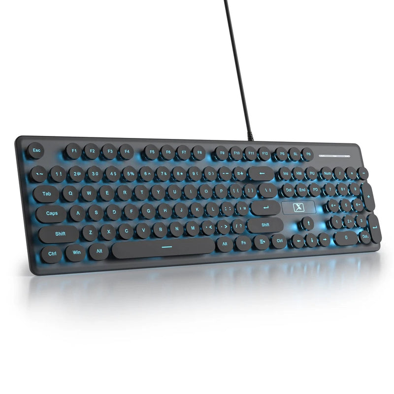 Wired Quiet Membrane Keyboard Full Size 104 Keys Typewriter Blue Backlit Black Model