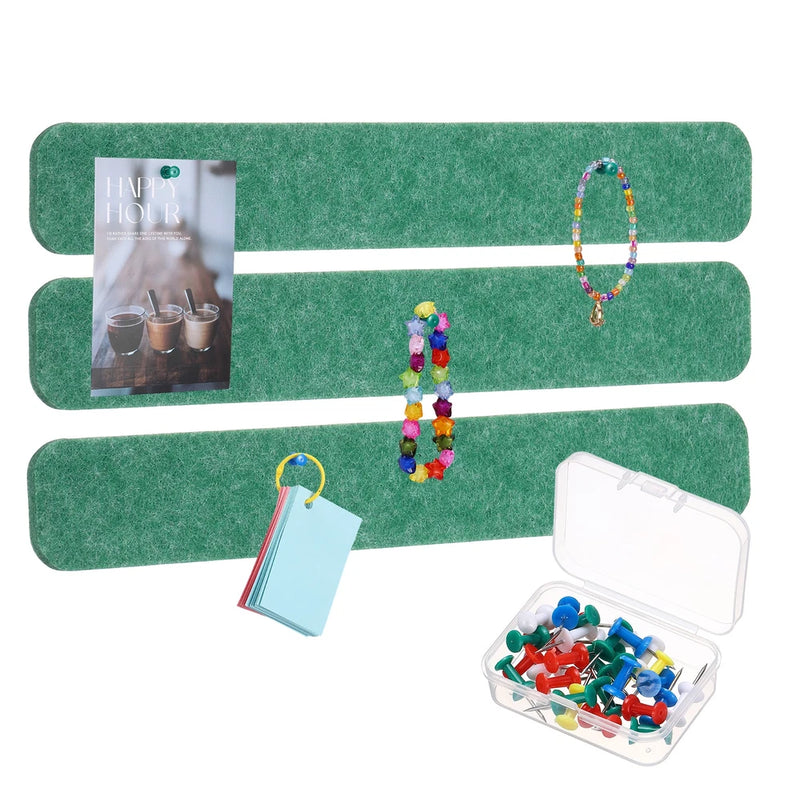 3Pcs Self-Adhesive Felt Bulletin Board Bar Strip with Push Pins Green) Model