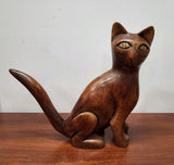 CAT  Dark Wood Figurine Display  9.5" tall  MID-CENTURY  Long Tail  Big Eyes Model