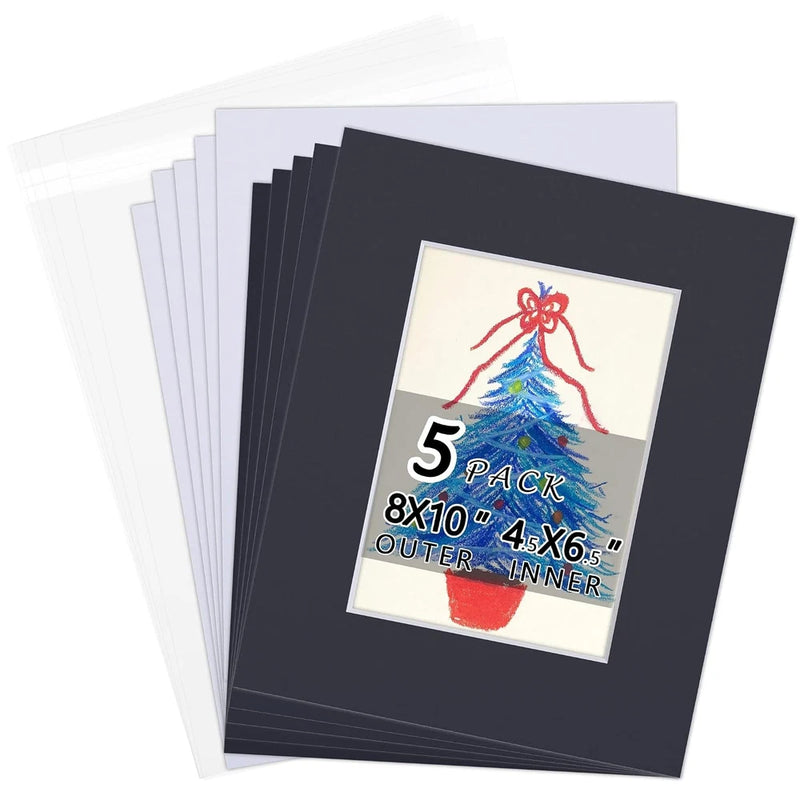 Acid Free Black 8x10 Pre-Cut Mat Board Kit for 5x7 Photos Prints Frames Model