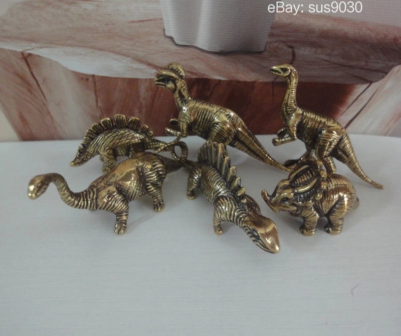 6pcs Vintage Solid Brass Dinosaurs Figurines Miniature Sculptures & Gift Box Model