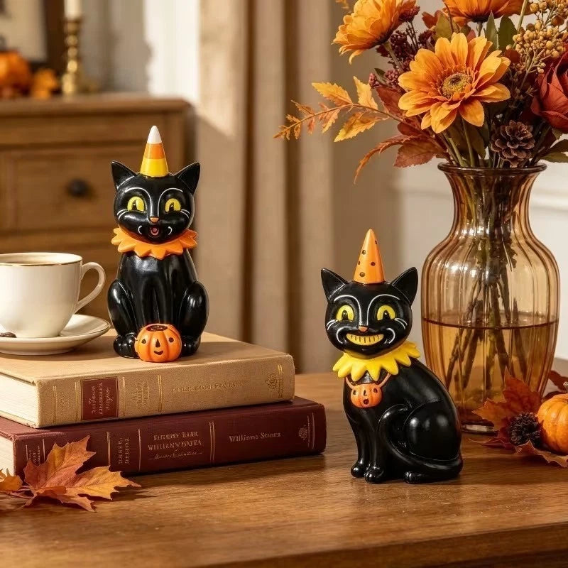 Retro Style Black Cat Halloween 2 Pieces Resin Figurines 6.5" Model