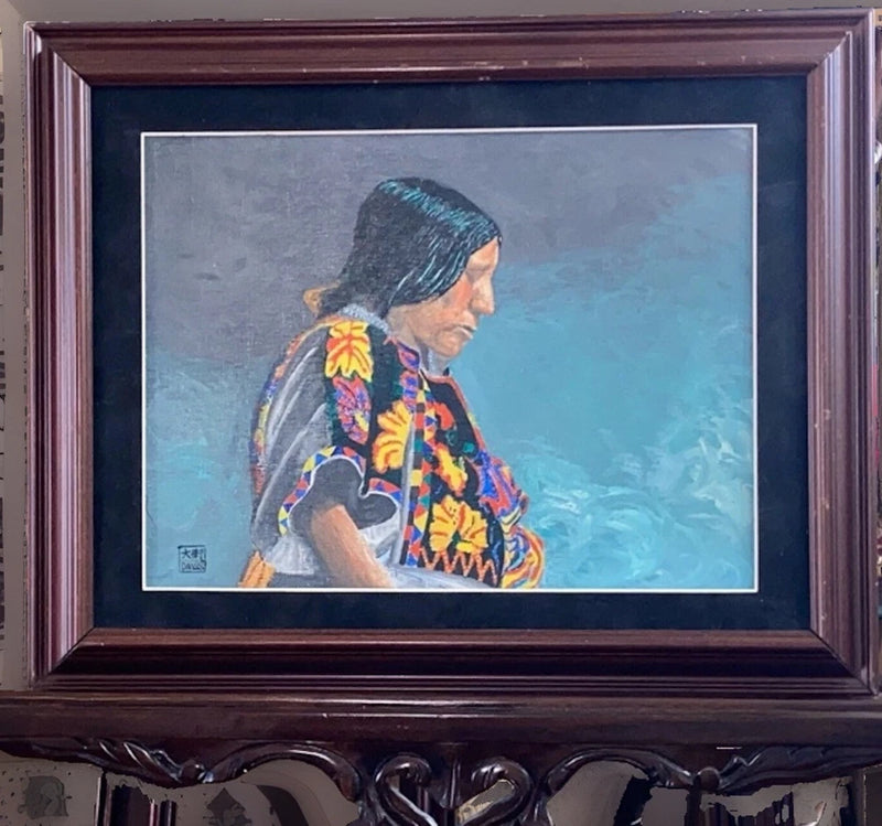 Vintage Framed oil on Canvas Wooden Board of Native Warrior Signed By DAVIS Model