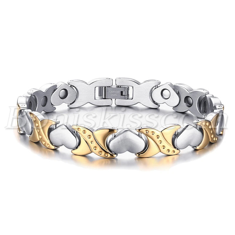 Silver Gold Tone Stainless Steel Charm Heart Magnetic Womens Bracelet Chain Link Charms
