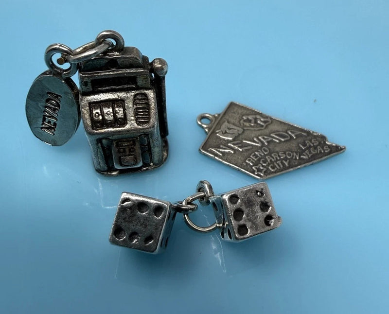 Vintage Sterling Silver Charm Pendant NV Nevada Las Vegas Slot Dice Charm Lot Charms