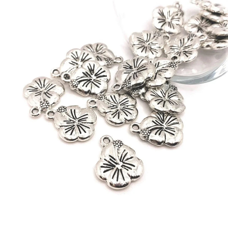 4, 20 or 50 Pieces: Silver Hibiscus Hawaiian Flower Charms - Double - US Seller Charms