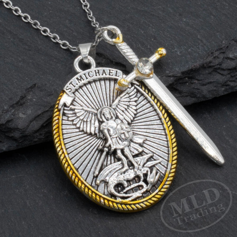 Saint St Michael Pendant Necklace, Oval Silver-Gold, Sword Charm, Ephesians 6:10 Charms