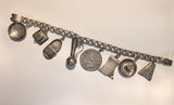 Vintage Sterling Silver Mexican Charm Bracelet, 8 charms Charms