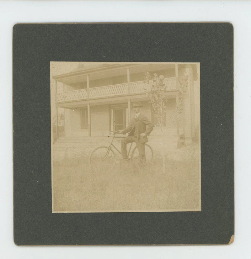 Vintage Antique Cabinet Card Photo On Board Dapper Man Rides Bicycle Home 1880s Model