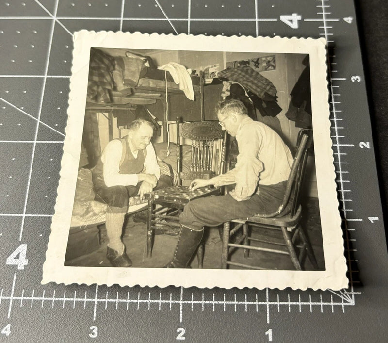 1940s Men Playing CHECKERS Board Game Night Man Antique Snapshot PHOTO Model