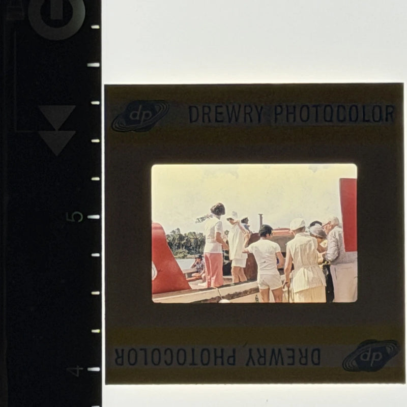 Vintage 1970s Cruise Tourists Boarding Launch Boat Tropical Shore Film Slide Model