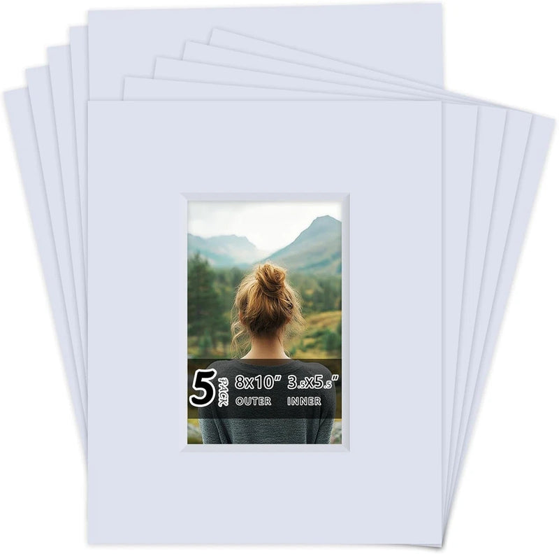 5 Pack Acid Free 8X10 White Picture Mats Board Kit for 4X6 Model