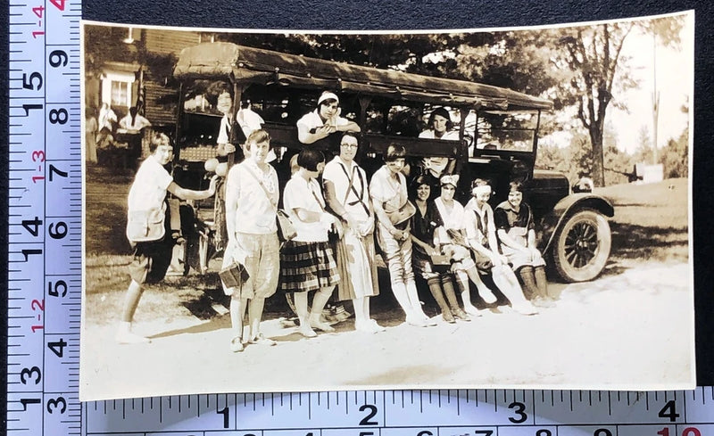 Young Women Girls Boarding Old Bus Vehicle Transport Vintage Photo Snapshot Model