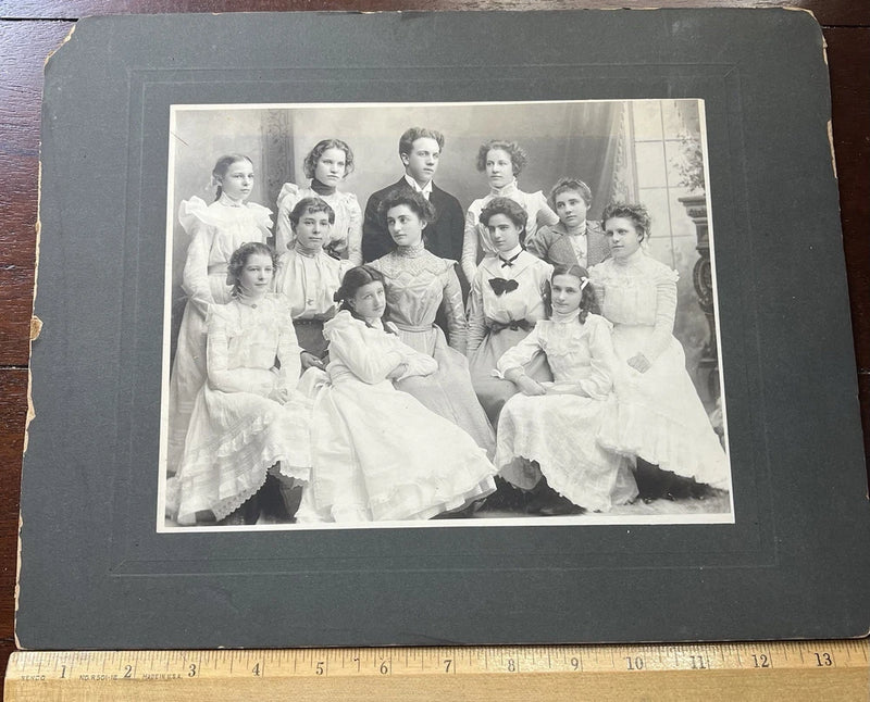 Photo on Board, Group of 11 Women and 1 Man, Look to be Family, 12 x 14 Model